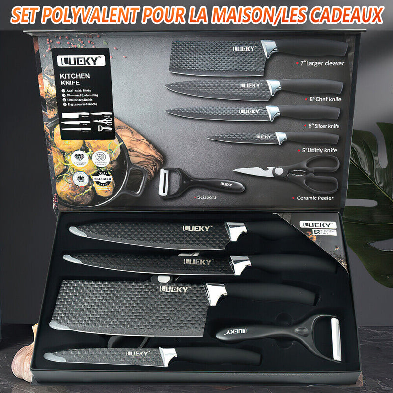 6PCS Knife Set, Kitchen Knife Set with Nonstick Diamond Coating, High Carbon Stainless Steel Chef Knife Set with Cleaver and Scissors, Rustproof, Gift Box, for Home Kitchen, Chef Gifts