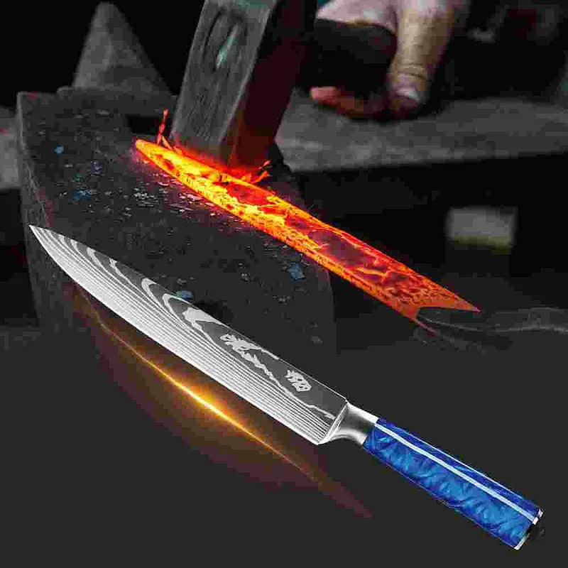 Ultra Sharp Forged Damascus Chef Knife Blue Resin Handle Slicing Knife
