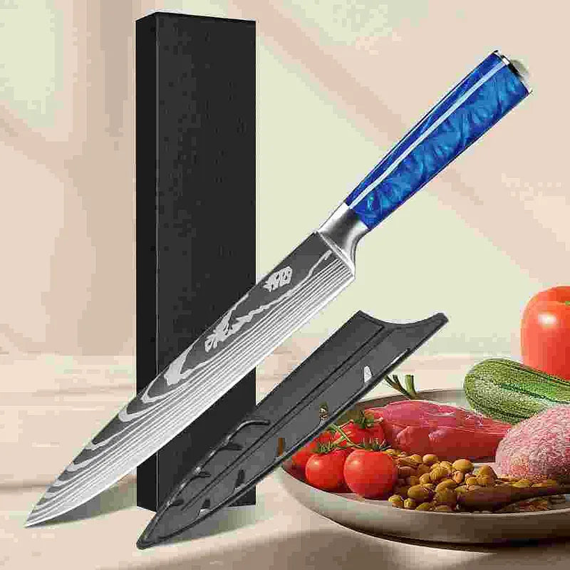 Ultra Sharp Forged Damascus Chef Knife Blue Resin Handle Slicing Knife