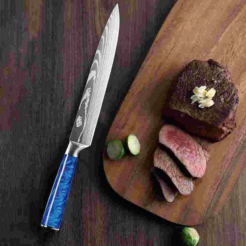 Ultra Sharp Forged Damascus Chef Knife Blue Resin Handle Slicing Knife
