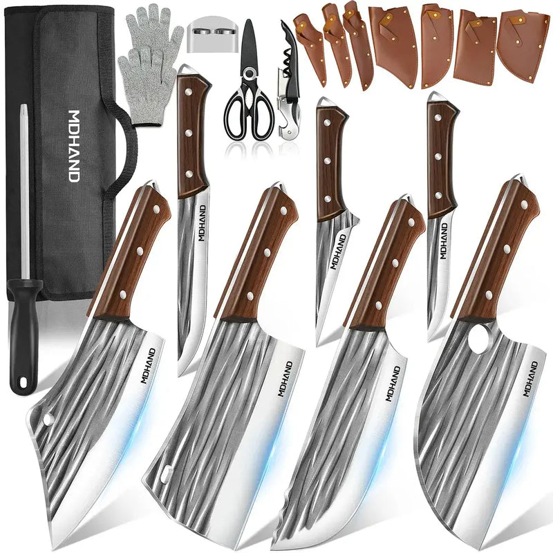 MDHAND 14PCS Hand Forged Butcher Knife Set | High Carbon Steel with Roll Bag