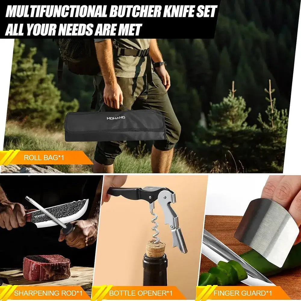 MDHAND 14PCS Black Stonewashed Hammered Butcher Knife Set with Roll Bag