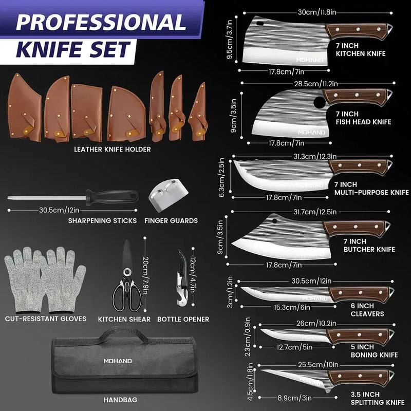 MDHAND 14PCS Hand Forged Butcher Knife Set | High Carbon Steel with Roll Bag