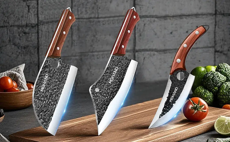 MDHAND 4-Piece Forged Butcher Chef Knife Set | Meat Cleaver for Camping BBQ