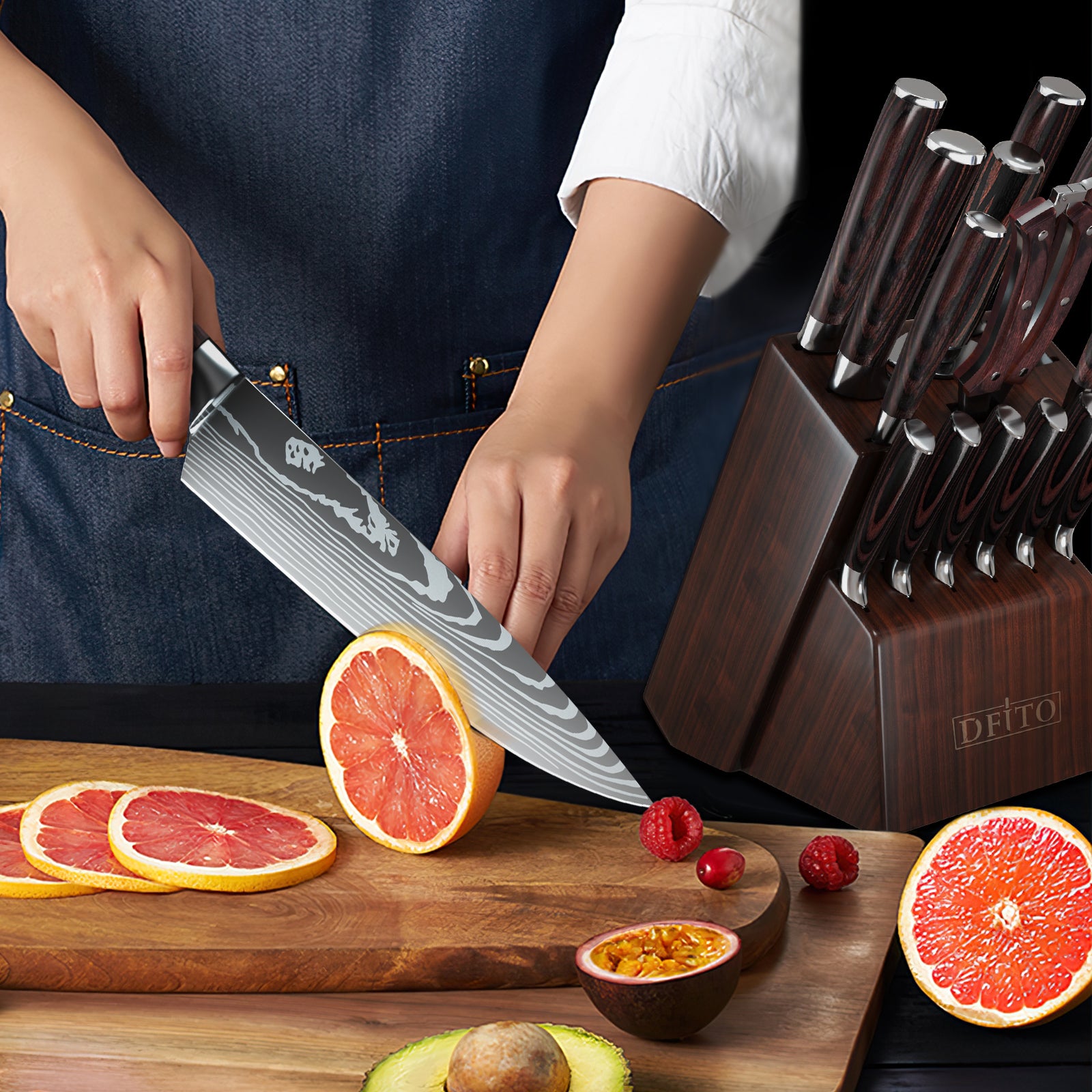 Kitchen Knife Set, 15 Pieces Knife Set with Block and Sharpener, High Carbon Stainless Steel Knives Set for Kitchen with Red Pakkawood Handle, Razor Sharp Knife Block Set, Dishwasher Safe