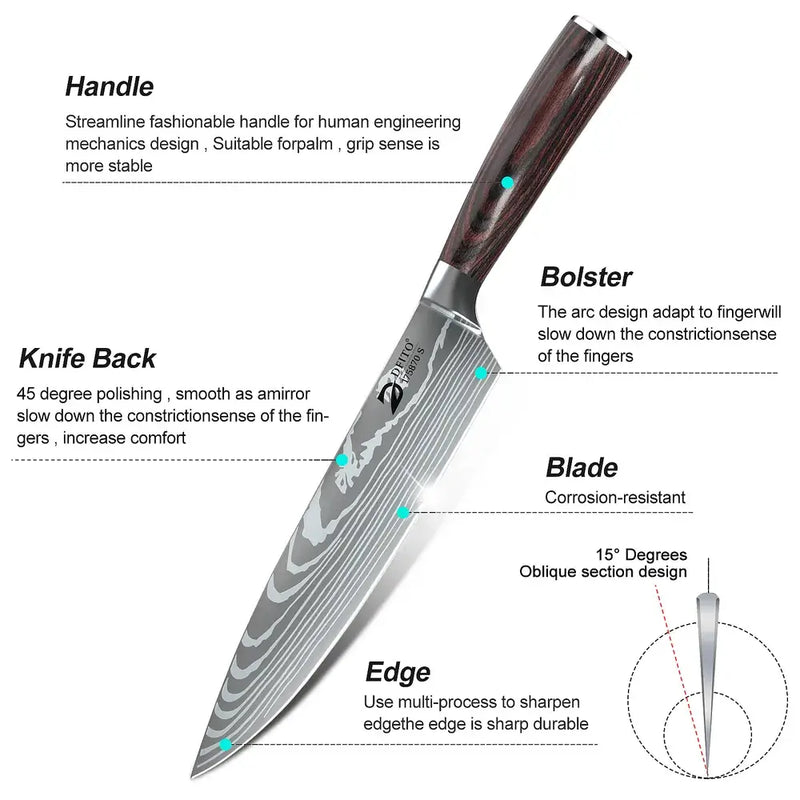 Home Cooking 9PCS German Steel Knives Laser Etched Roll Bag Gifts