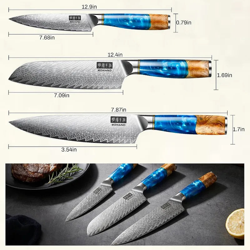 3 Piece Damascus Chef Knife Set Resin Wood Handle Gift Box