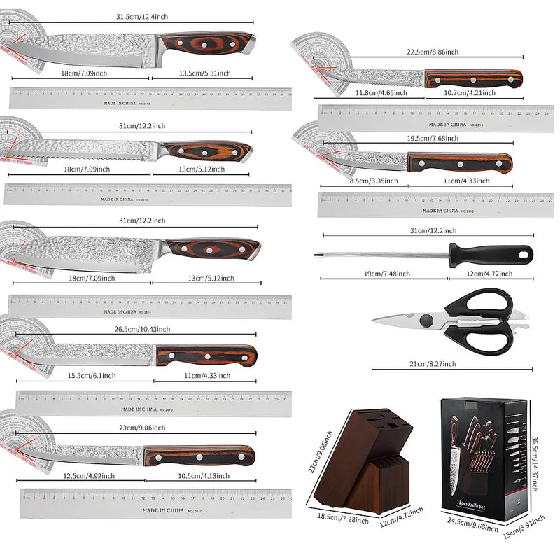 15 Piece Hammered Blade Kitchen Knife Set with Wood Block