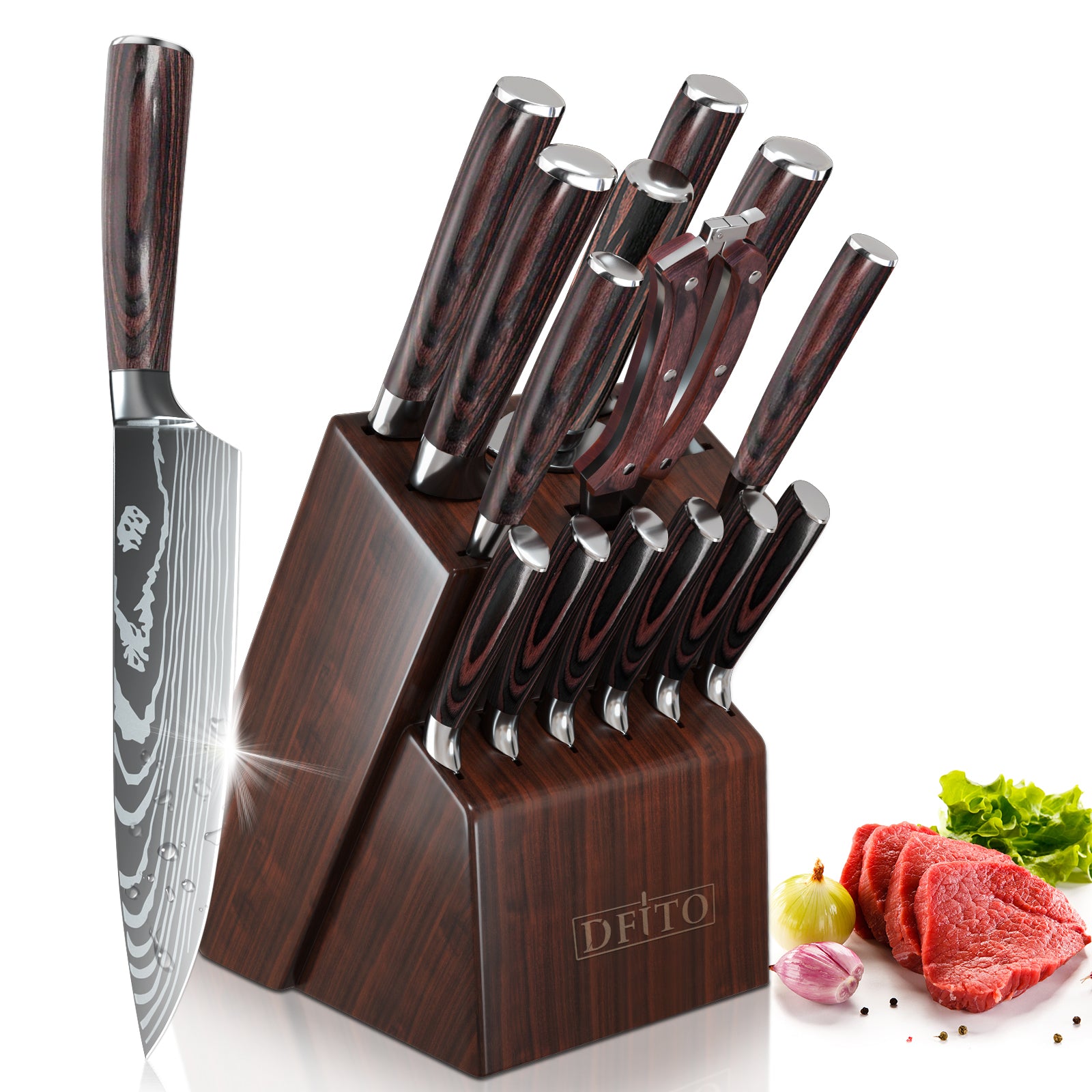Kitchen Knife Set, 15 Pieces Knife Set with Block and Sharpener, High Carbon Stainless Steel Knives Set for Kitchen with Red Pakkawood Handle, Razor Sharp Knife Block Set, Dishwasher Safe