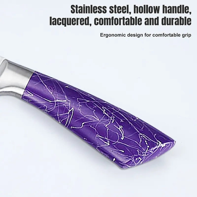 6-Piece Stainless Steel Kitchen Knife Set Purple Handle Block