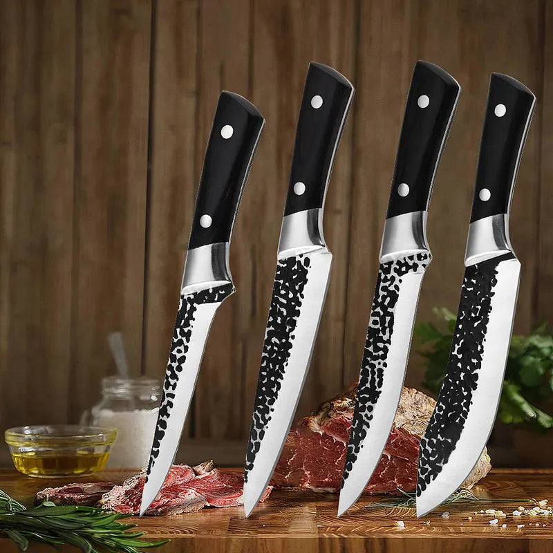 4 Piece Hand Forged Butcher Knife Set Wood Handle Boning Knives