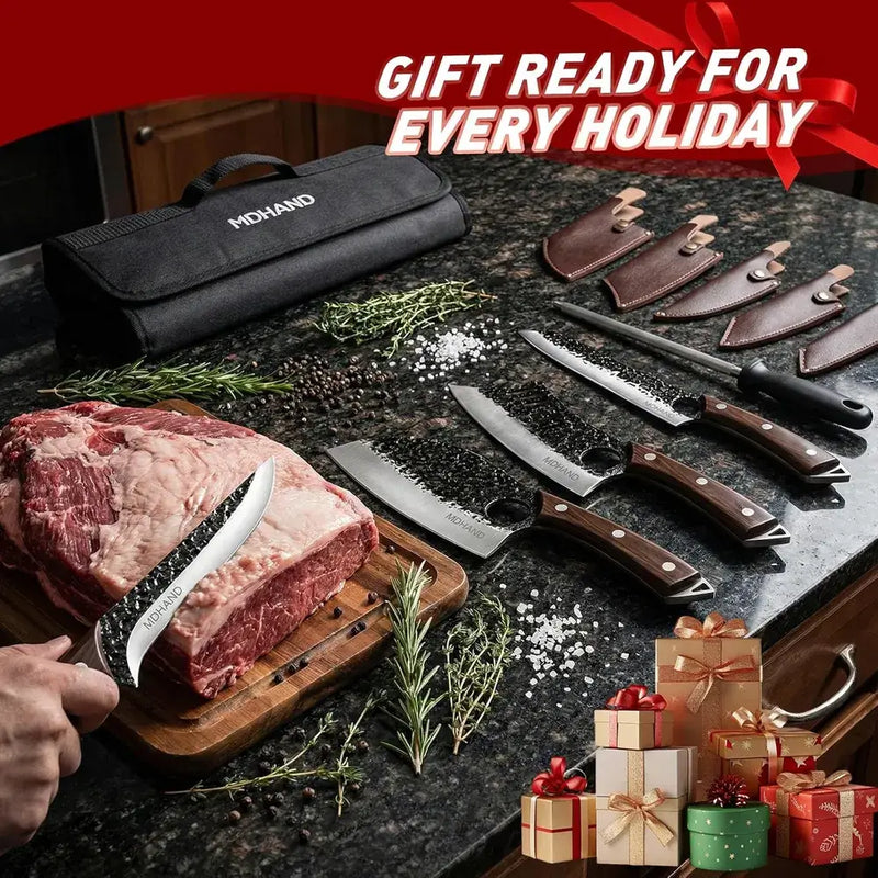 MDHAND 6-Piece Hammered Butcher Knife Set | High Carbon Steel with Storage Bag