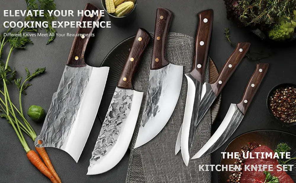 MDHAND 7-Piece Handmade Damascus Kitchen Knife Set | Meat Cleaver Boning Knife