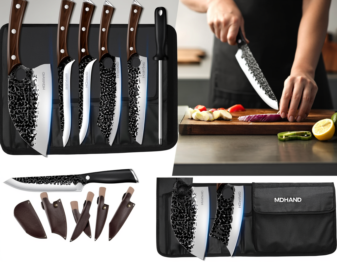 6-Piece Hammered Butcher Knife Set with Nylon Storage Bag,Meat Cleaver & Boning Knife for Brisket Trimming BBQ Camping, Gift for Men