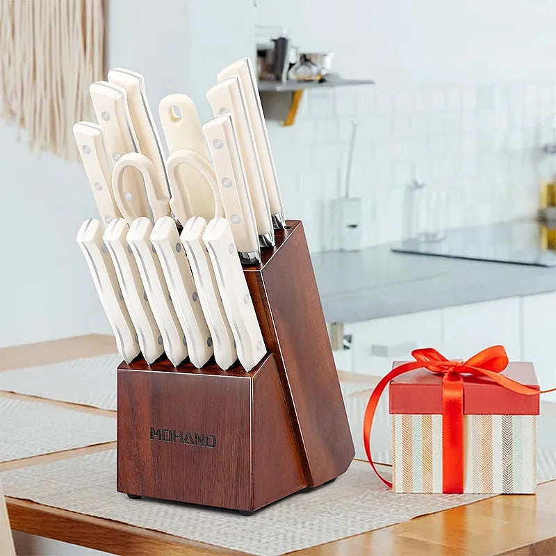 14 Piece Kitchen Knife Set White ABS Handle with Wooden Block