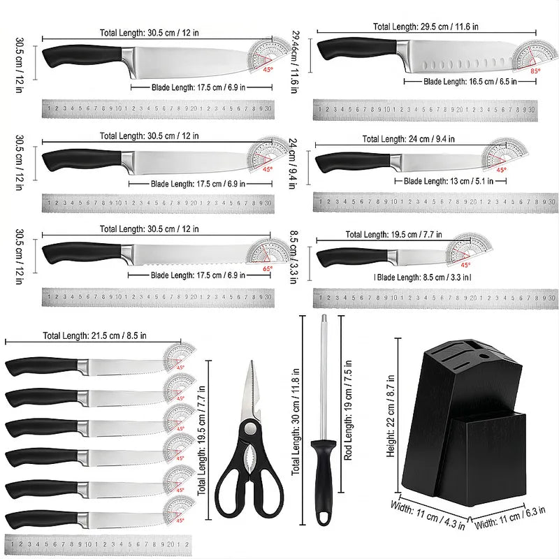 15 Piece Kitchen Knife Set MDHAND Stainless Steel with Block Shears