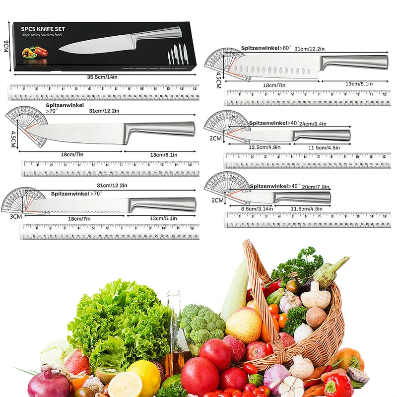 5 Piece Stainless Steel Kitchen Knife Set All Steel Full Tang Handle