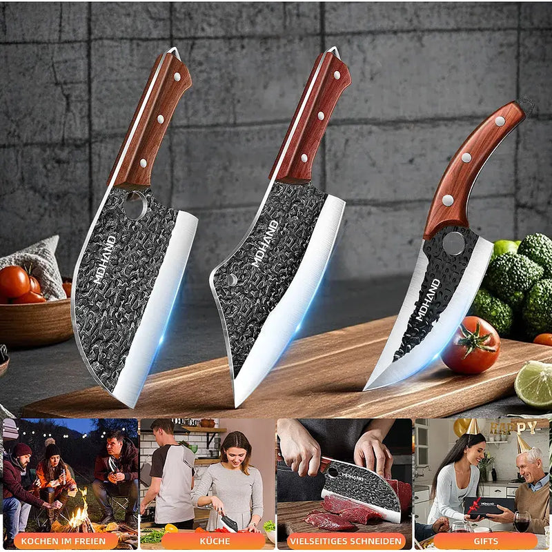 MDHAND 4-Piece Forged Butcher Chef Knife Set | Meat Cleaver for Camping BBQ