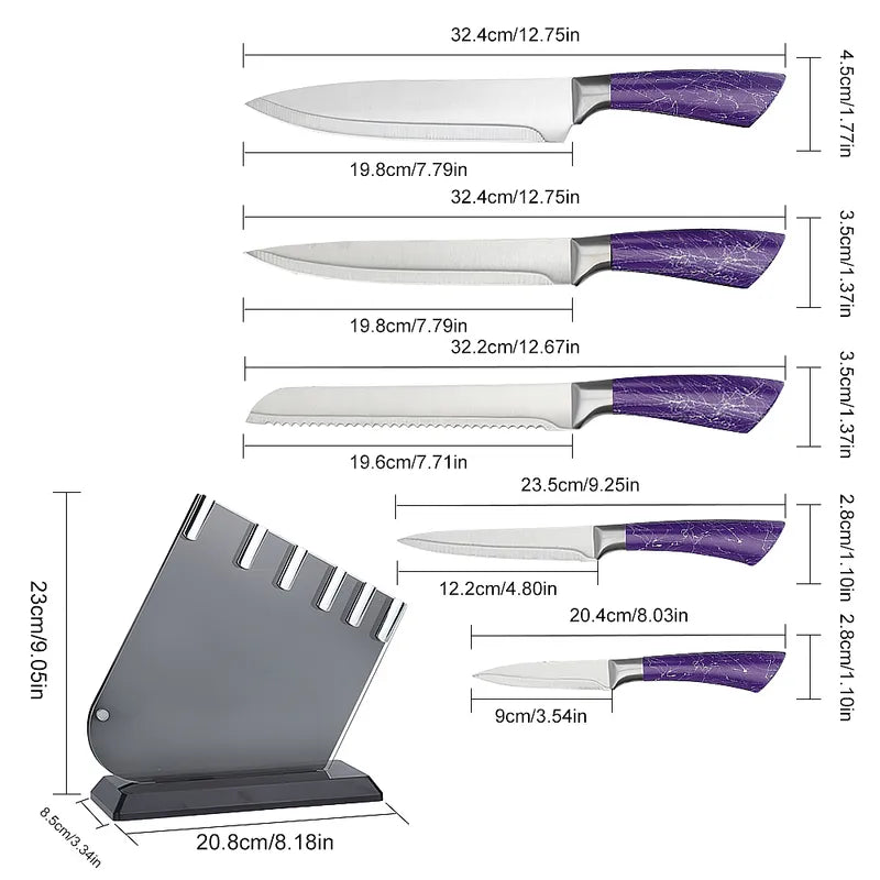 6-Piece Stainless Steel Kitchen Knife Set Purple Handle Block