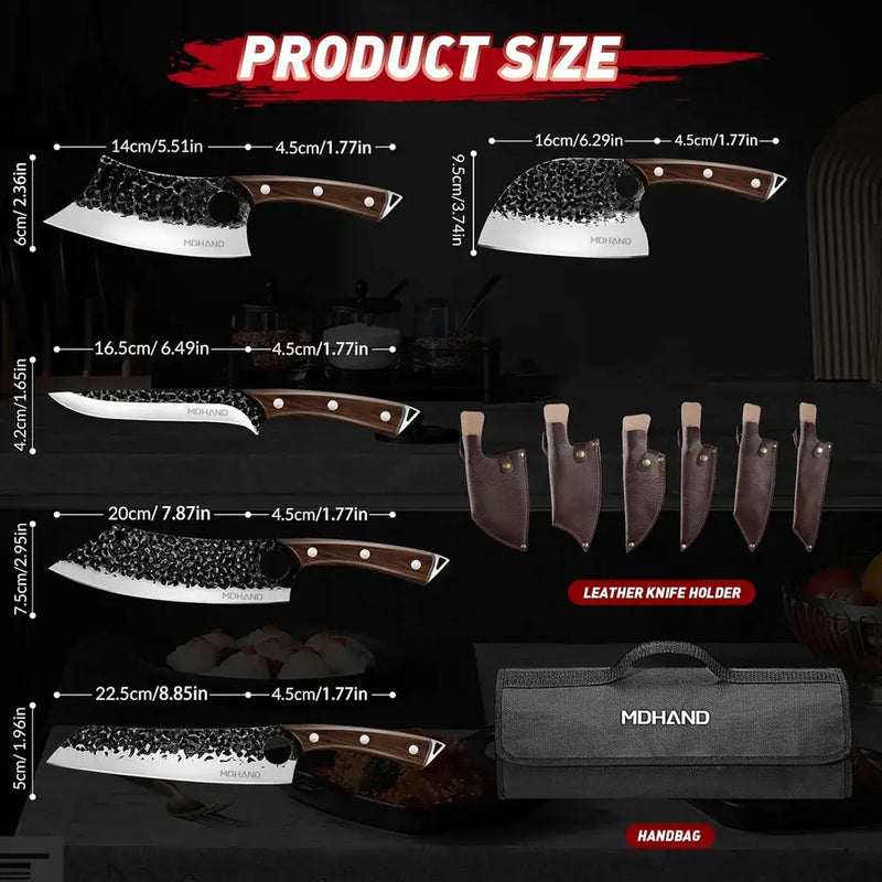 MDHAND 6-Piece Hammered Butcher Knife Set | High Carbon Steel with Storage Bag