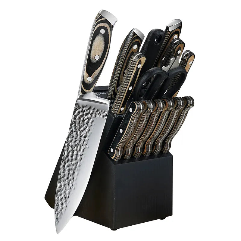 15 Piece Hammered Blade Kitchen Knife Set with Wood Block