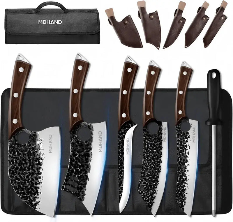 MDHAND 6-Piece Hammered Butcher Knife Set | High Carbon Steel with Storage Bag