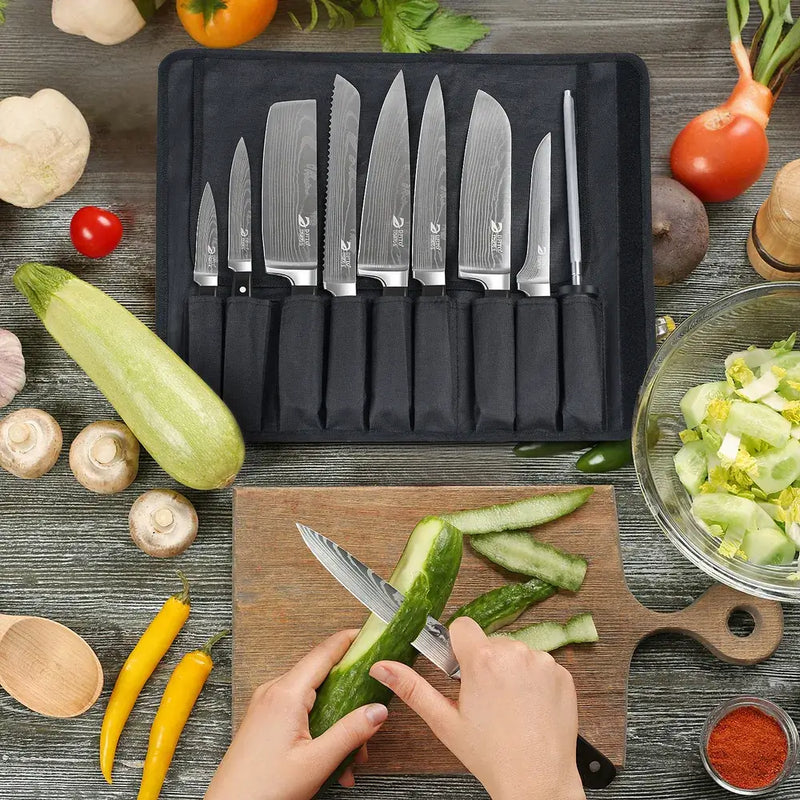 Home Cooking MDHAND 9pc Japanese Knives ABS Handle w/ Roll Bag Sharpener