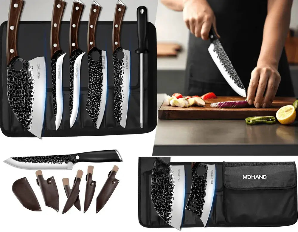 MDHAND 6-Piece Hammered Butcher Knife Set | High Carbon Steel with Storage Bag