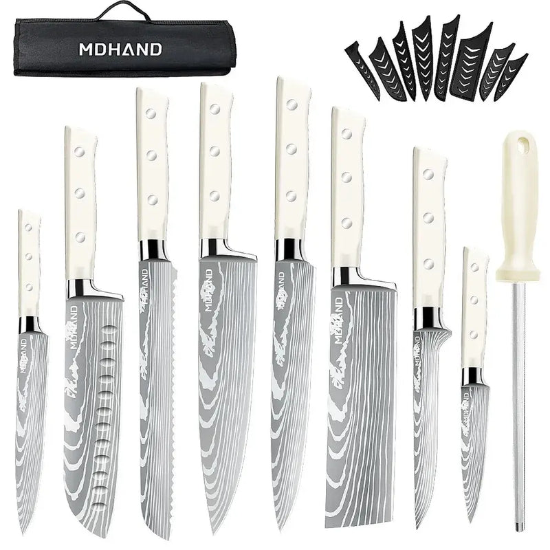 Home Cooking MDHAND 9pc Japanese Knives ABS Handle w/ Roll Bag Sharpener