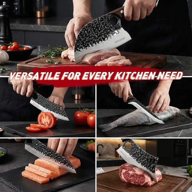 MDHAND 6-Piece Hammered Butcher Knife Set | High Carbon Steel with Storage Bag