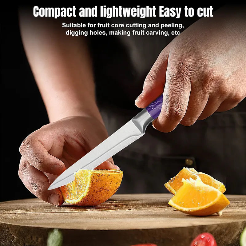 6-Piece Stainless Steel Kitchen Knife Set Purple Handle Block