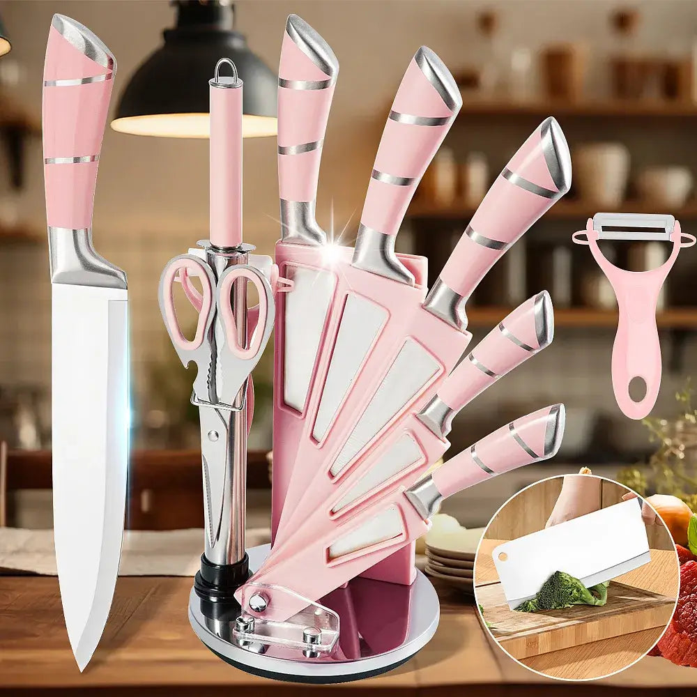 9-Piece Hollow Handle Kitchen Knife Set with Fan Rack