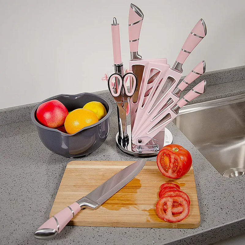 9-Piece Hollow Handle Kitchen Knife Set with Fan Rack