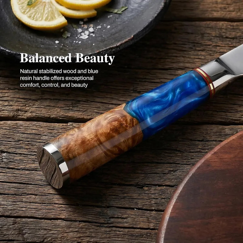 3 Piece Damascus Chef Knife Set Resin Wood Handle Gift Box