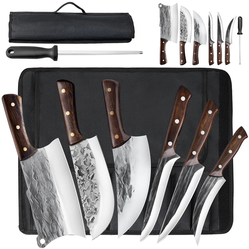 MDHAND 7-Piece Handmade Damascus Kitchen Knife Set | Meat Cleaver Boning Knife