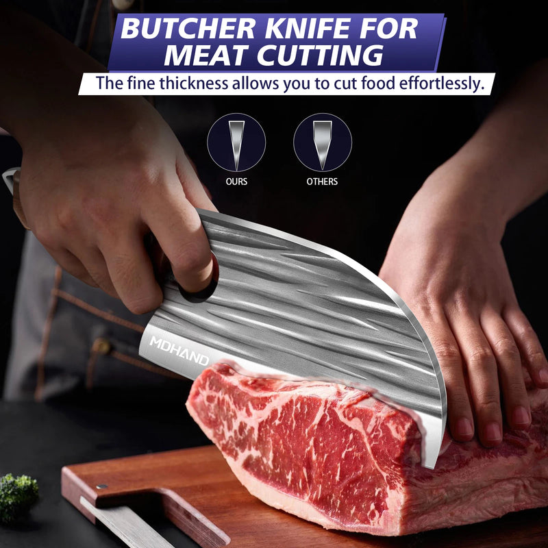 MDHAND Butcher Knife Set, 14PCS Hand Forged Serbian Chef Knife Set with Roll Bag, Heavy Duty Meat Cleaver Knives, Boning Knife, Meat Cutting Knife for Home Kitchen & Camping BBQ, Gifts for Men Women