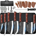 MDHAND 14PCS Black Stonewashed Hammered Butcher Knife Set with Roll Bag