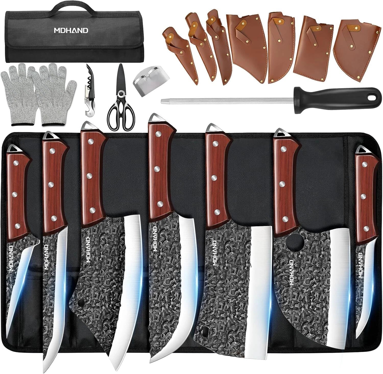 14-Piece Black Stonewashed Hammered Butcher Knife Set with Nylon Roll Bag