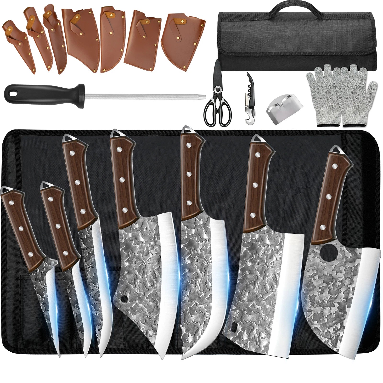 14-teiliges handgeschmiedetes Kochmesserset aus Damaszenerstahl, Küchenmesser, Hackmesser 