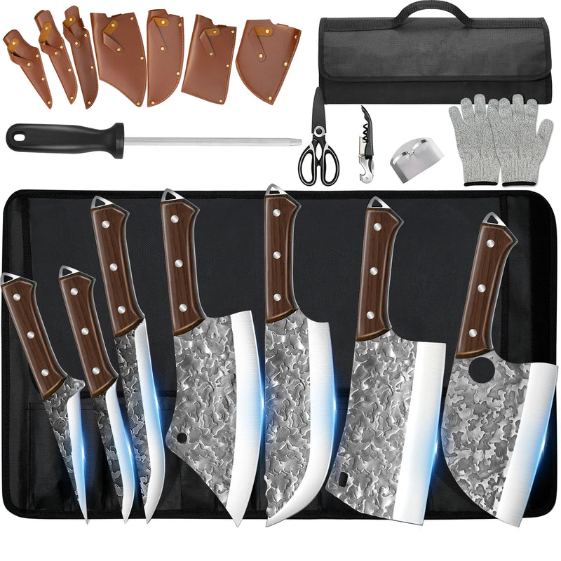 MDHAND Butcher Knife Set, 14PCS Hand Forged Butcher Chef Knife Set with Roll Bag, Heavy Duty Meat Cleaver, Fillet Knives, Meat Cutting Knife for Home Kitchen & Camping BBQ, Gifts for Men Women
