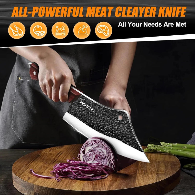 MDHAND Butcher Knife Set, 14PCS Hand Forged Professional Chef Knife Set with Roll Bag, Sharp Meat Cleaver Knife & Bone Chopper Knives & Fillet Knife for Home Kitchen & Camping BBQ, Gifts for Men Women