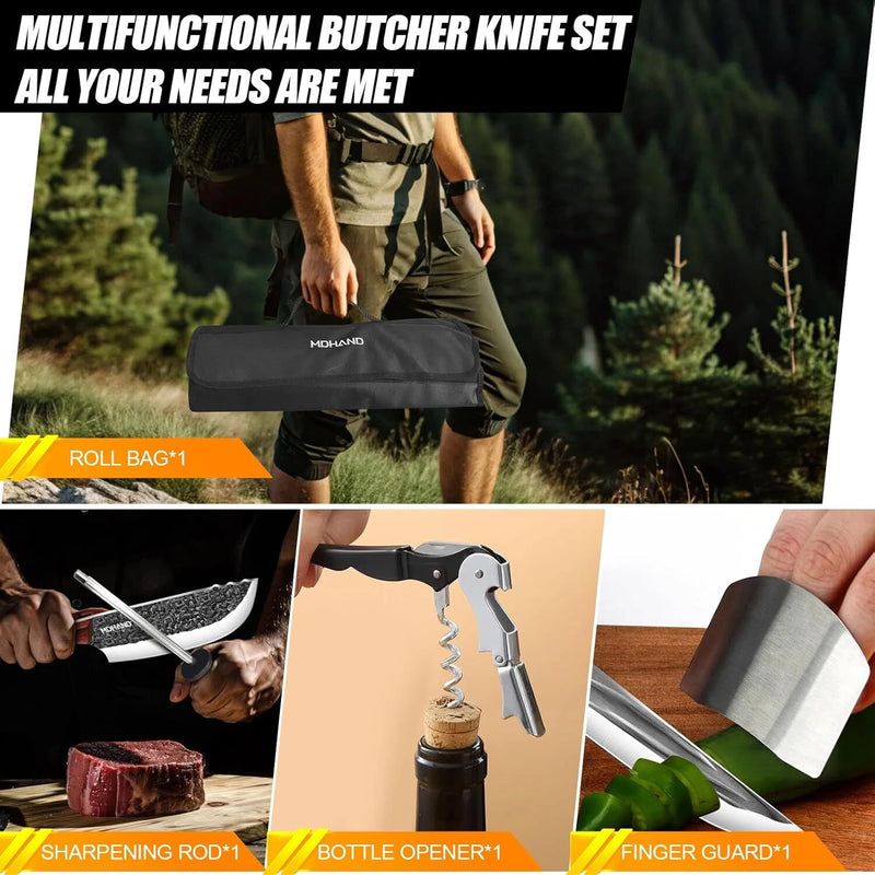 MDHAND Butcher Knife Set, 14PCS Hand Forged Professional Chef Knife Set with Roll Bag, Sharp Meat Cleaver Knife & Bone Chopper Knives & Fillet Knife for Home Kitchen & Camping BBQ, Gifts for Men Women