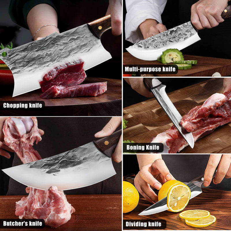 MDHAND 7-Piece Handmade Damascus Kitchen Knife Set | Meat Cleaver Boning Knife