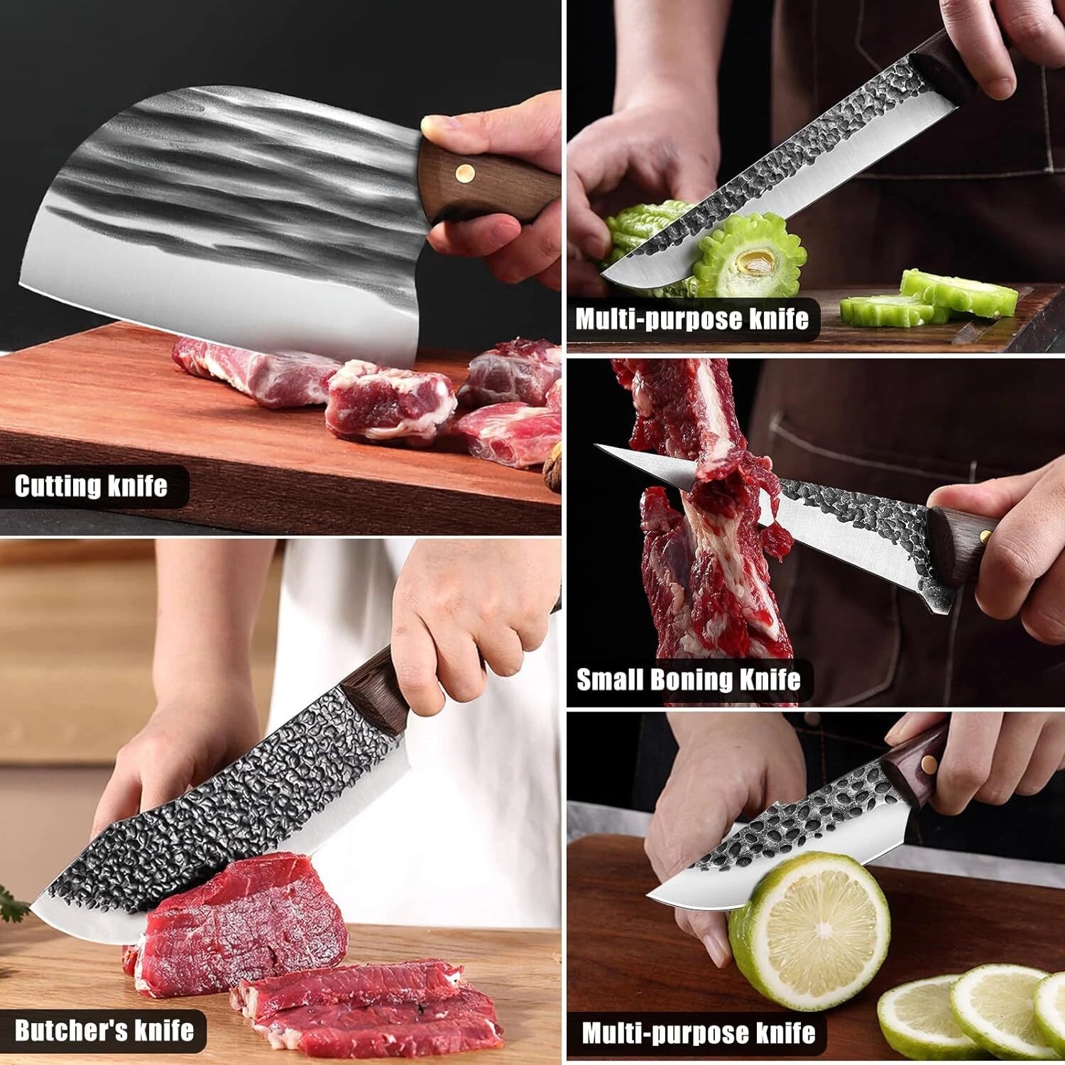 8 Pieces Butcher Knife Set with Roll Bag, Chef Knife Set for Meat Cleaver Cutting & Viking Knives with Ergonomic Handles, Stainless Steel Hand Forged Kitchen Knife Set for Home, Cooking, Camping