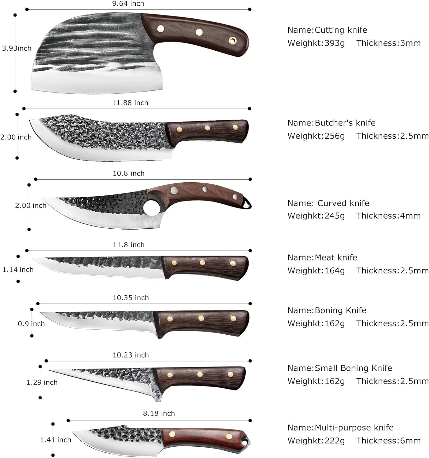 8 Pieces Butcher Knife Set with Roll Bag, Chef Knife Set for Meat Cleaver Cutting & Viking Knives with Ergonomic Handles, Stainless Steel Hand Forged Kitchen Knife Set for Home, Cooking, Camping