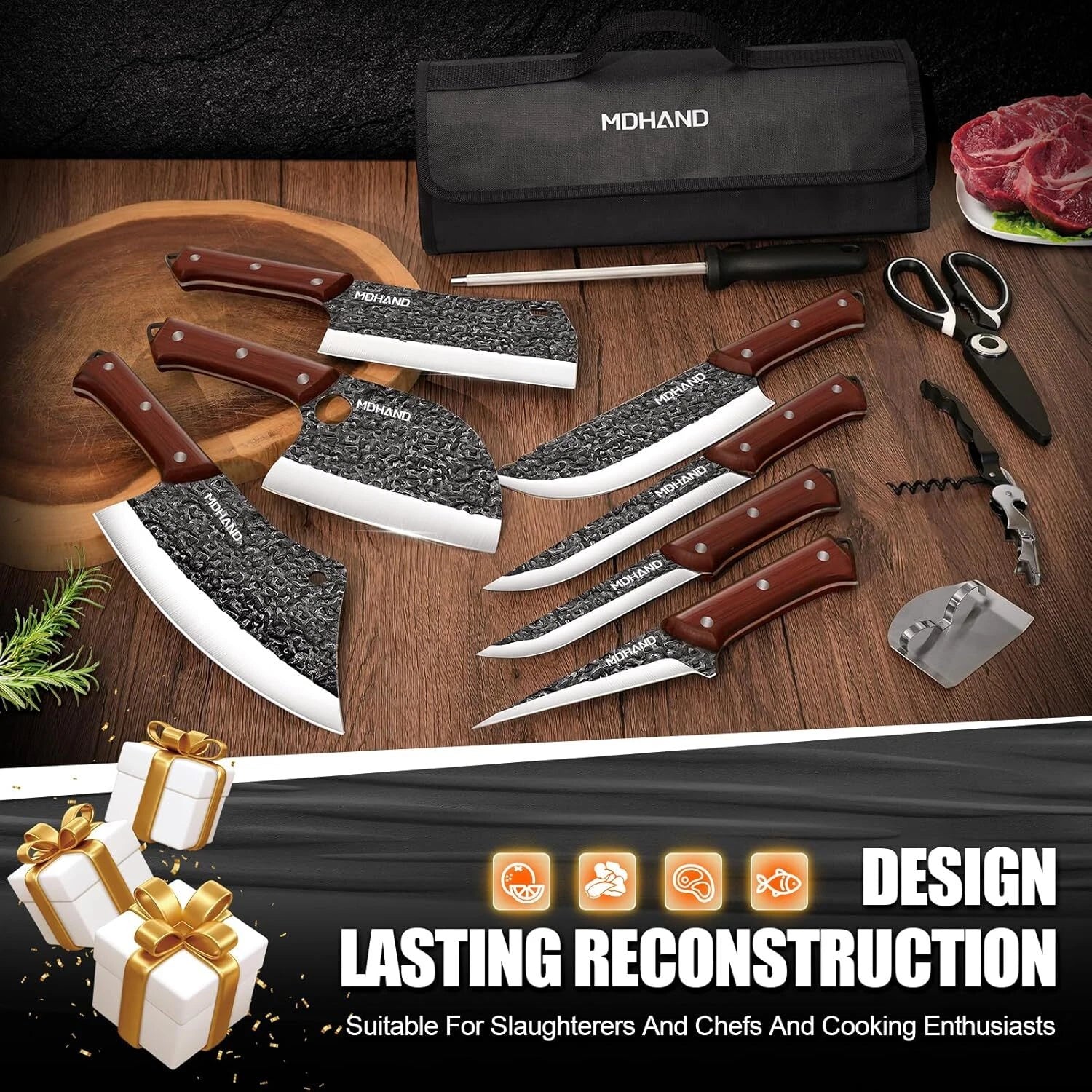14-Piece Black Stonewashed Hammered Butcher Knife Set with Nylon Roll Bag