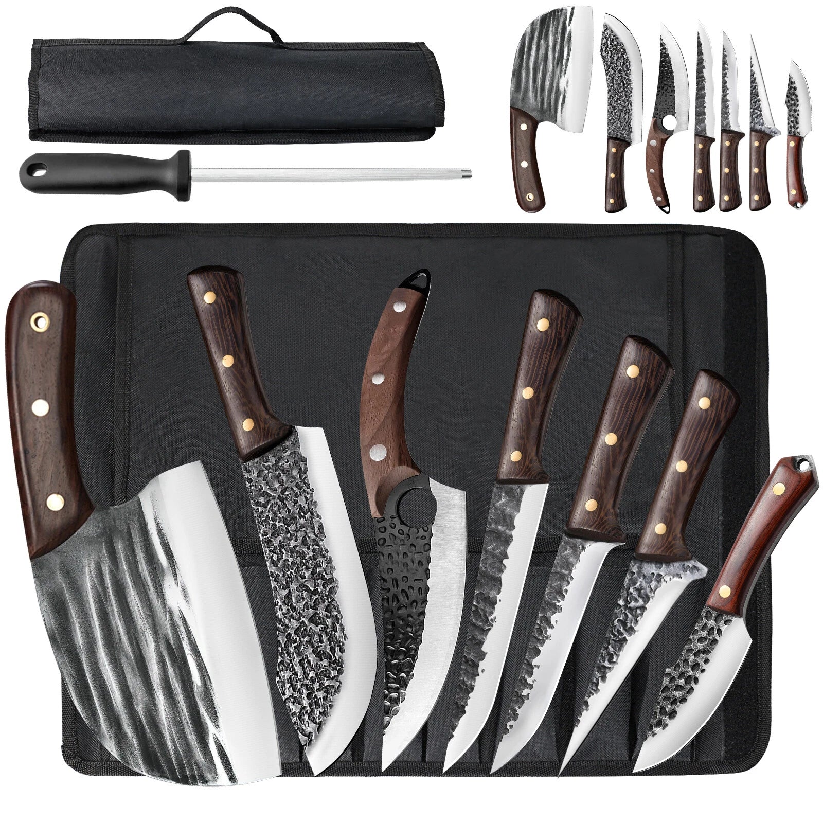 8 Pieces Butcher Knife Set with Roll Bag, Chef Knife Set for Meat Cleaver Cutting & Viking Knives with Ergonomic Handles, Stainless Steel Hand Forged Kitchen Knife Set for Home, Cooking, Camping