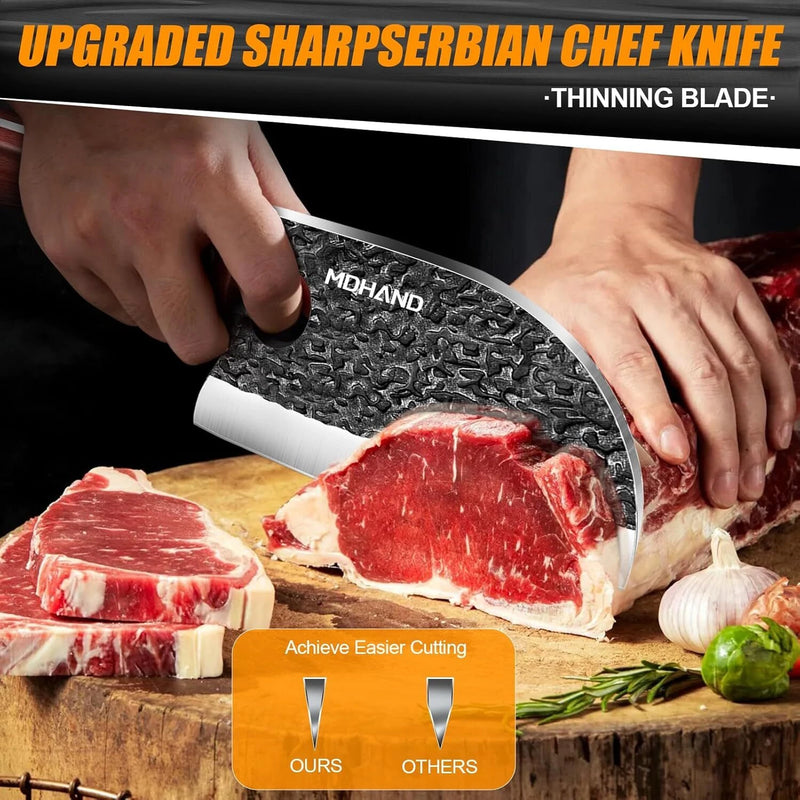 MDHAND Butcher Knife Set, 14PCS Hand Forged Professional Chef Knife Set with Roll Bag, Sharp Meat Cleaver Knife & Bone Chopper Knives & Fillet Knife for Home Kitchen & Camping BBQ, Gifts for Men Women