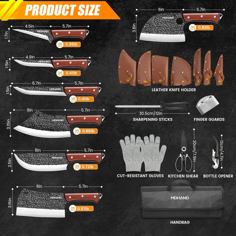MDHAND Butcher Knife Set, 14PCS Hand Forged Professional Chef Knife Set with Roll Bag, Sharp Meat Cleaver Knife & Bone Chopper Knives & Fillet Knife for Home Kitchen & Camping BBQ, Gifts for Men Women