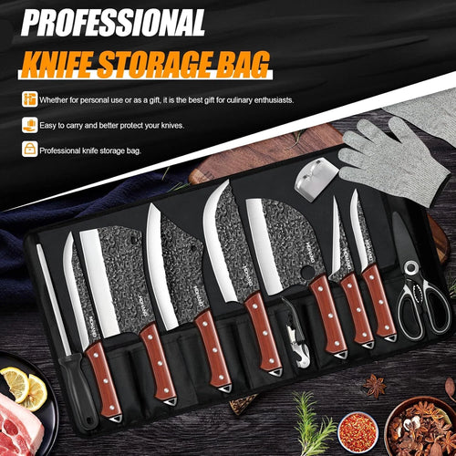 14-Piece Black Stonewashed Hammered Butcher Knife Set with Nylon Roll Bag